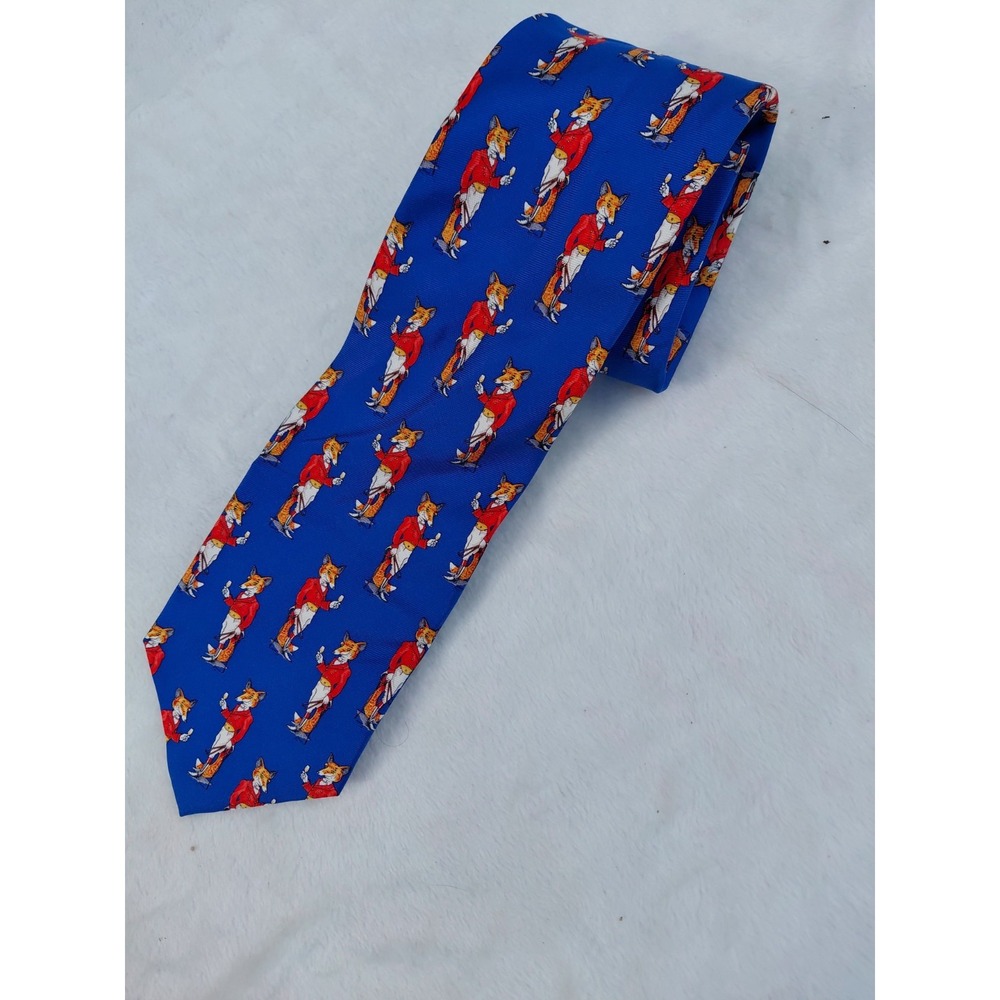 Fox & Chave Mens Blue 100% Silk Novelty Tie With Fox Hunt Pattern Hand Made